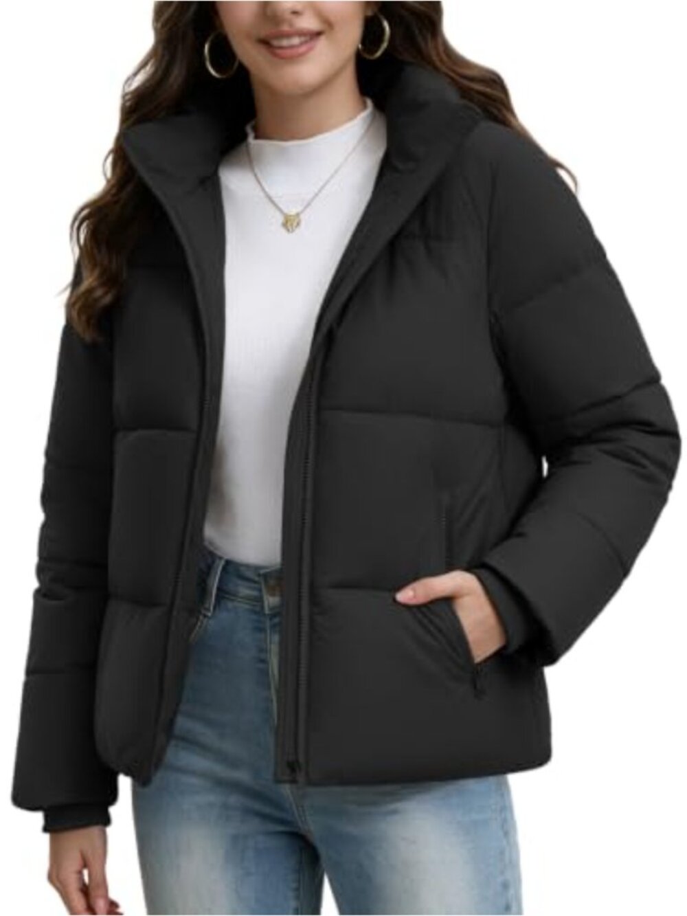 Quilted Cropped Puffer Jacket Detachable Hood 2-Way Zip Winter